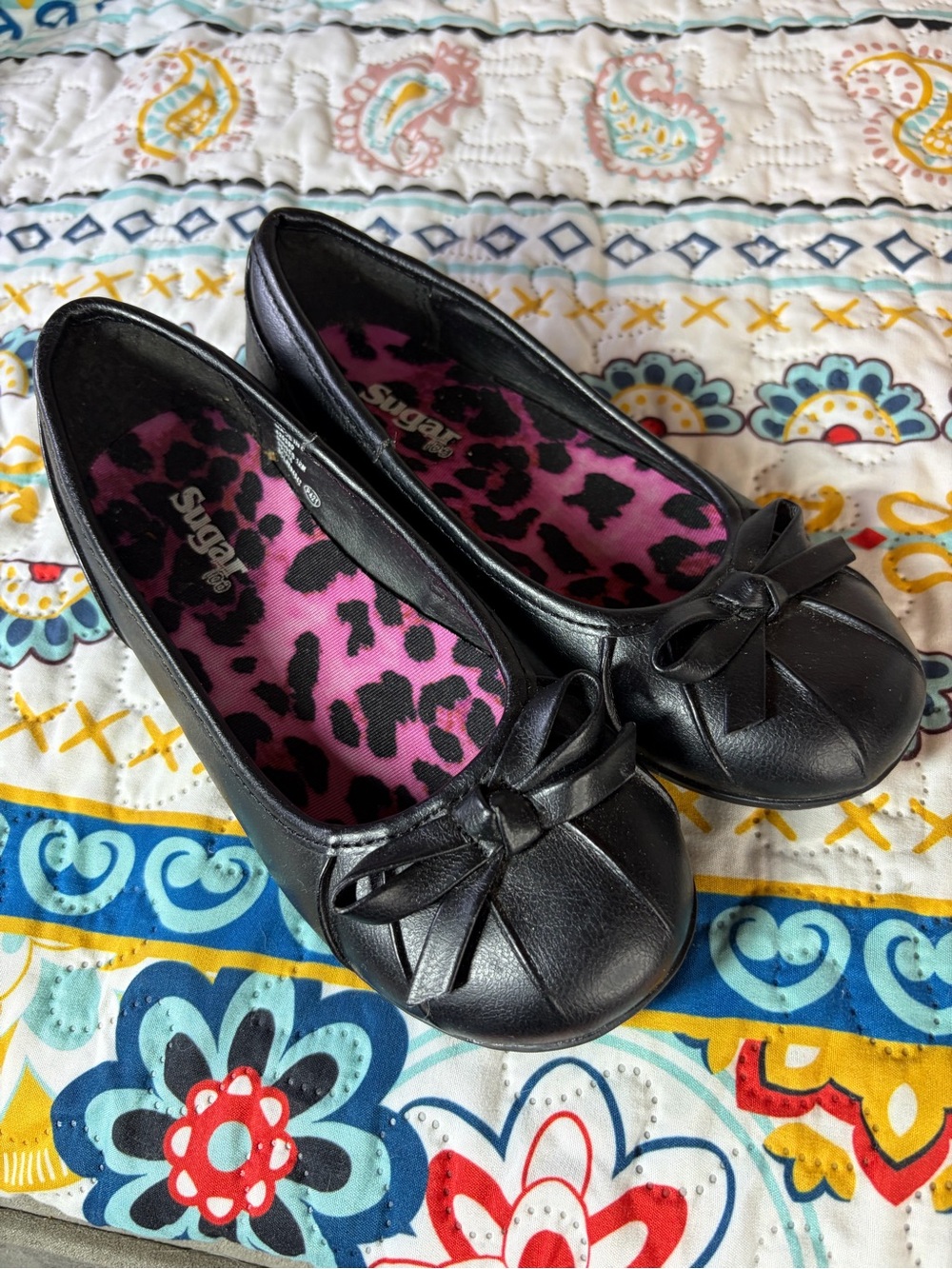 Sugar Black Ballet Flats with Pink Leopard Insole and Bow